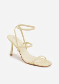 Born2be - Żółte Sandały na Szpilce z Elastycznymi Paskami i Kwadratowym Noskiem Sarorin. Okazja: na wesele, na co dzień, na ślub cywilny. Zapięcie: pasek. Kolor: żółty. Wzór: paski. Obcas: na szpilce. Styl: casual, elegancki. Wysokość obcasa: średni #2
