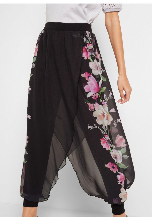 bonprix - Spodnie z szyfonem. Kolor: czarny. Materiał: szyfon. Sezon: lato. Styl: elegancki