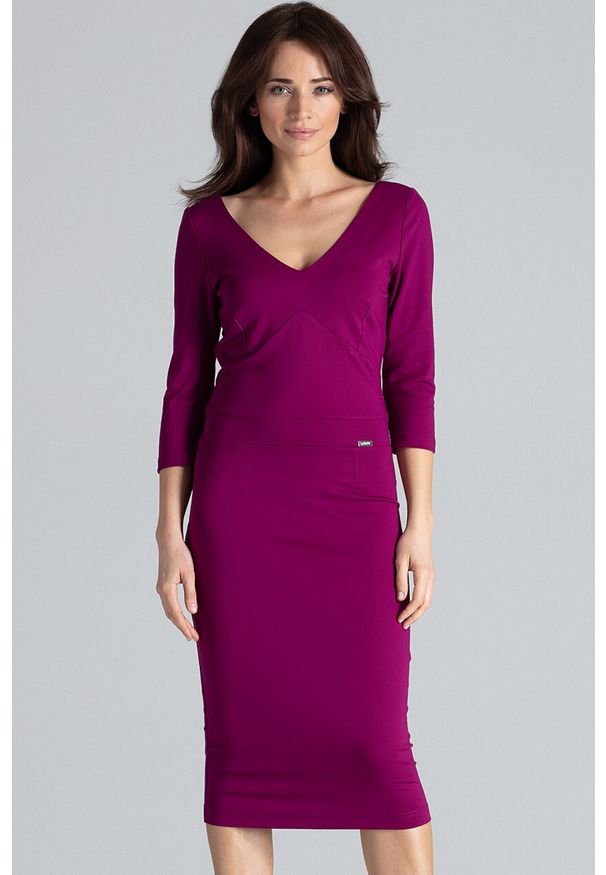 Lenitif - Elegancka dopasowana sukienka z dekoltem V fioletowa. Kolor: fioletowy. Typ sukienki: dopasowane. Styl: elegancki. Długość: midi