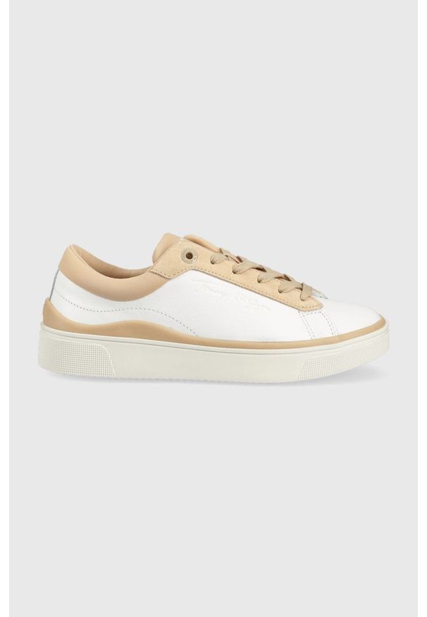 TOMMY HILFIGER - Tommy Hilfiger sneakersy skórzane kolor beżowy. Nosek buta: okrągły. Zapięcie: sznurówki. Kolor: beżowy. Materiał: skóra