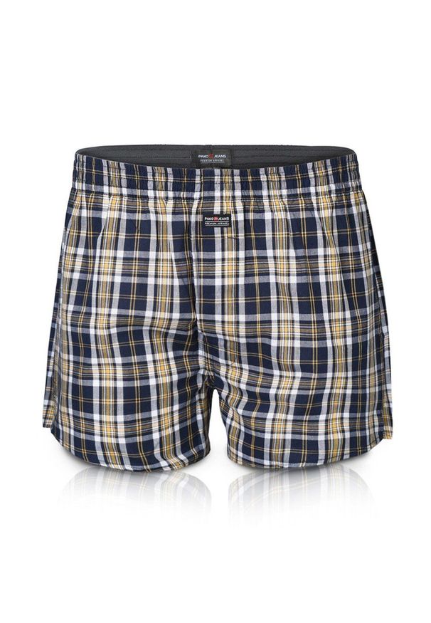 Męskie Bokserki Bawełniane - Pako Jeans - Granatowo-Żółta Kratka. Kolor: złoty, niebieski, wielokolorowy, żółty. Materiał: bawełna. Wzór: kratka