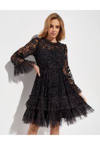 NEEDLE & THREAD - Czarna sukienka mini. Kolor: czarny. Materiał: tiul, koronka. Wzór: koronka. Długość: mini