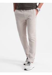 Ombre Clothing - Męskie spodnie dresowe z nogawką bez ściągacza - jasnobeżowe V1. Kolor: beżowy. Materiał: dresówka. Wzór: aplikacja. Styl: klasyczny, sportowy #9