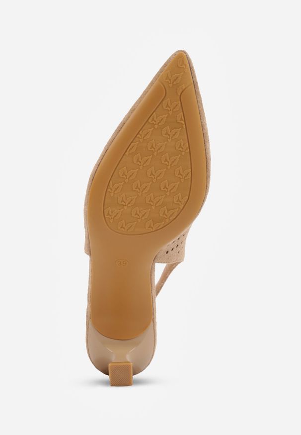 Born2be - Ciemnobeżowe Ażurowe Czółenka VICES na Obcasie Kaczuszka z Odkrytą Piętą Metipise. Okazja: do pracy, na co dzień. Kolor: beżowy. Materiał: jeans. Wzór: ażurowy. Obcas: na obcasie. Styl: elegancki, casual. Wysokość obcasa: średni