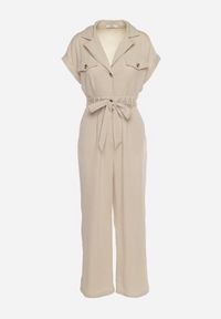 Born2be - Beżowy Kombinezon z Krótkim Rękawem i Szerokimi Nogawkami z Materiałowym Paskiem Floeria. Okazja: na co dzień. Kolor: beżowy. Materiał: materiał. Długość rękawa: krótki rękaw. Długość: krótkie. Styl: elegancki, casual, wizytowy #4