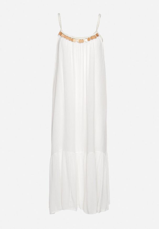 Born2be - Biała Wiskozowa Sukienka z Ramiączkami Zdobiona Cekinami i Metaliczną Nitką Comalara. Okazja: na co dzień, na imprezę. Typ kołnierza: dekolt w serek. Kolor: biały. Materiał: wiskoza. Długość rękawa: na ramiączkach. Wzór: aplikacja. Styl: casual