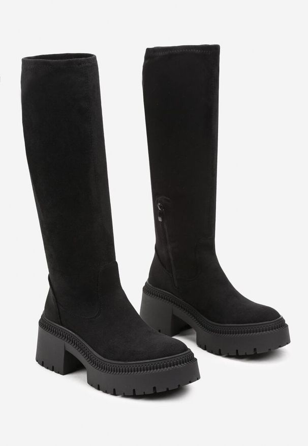 Born2be - Czarne Dopasowane Kozaki na Grubej Podeszwie ze Skarpetkową Cholewką Hanilinn. Okazja: na co dzień. Kolor: czarny. Materiał: jeans. Szerokość cholewki: normalna. Styl: casual