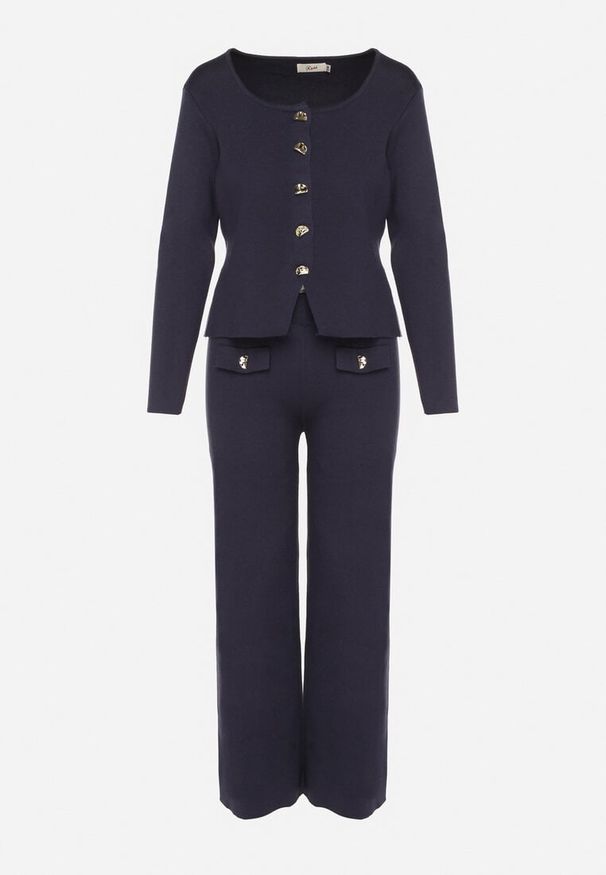 Born2be - Granatowy Dzianinowy Komplet z Wiskozą w Eleganckim Stylu Kardigan i Spodnie Delisana. Kolor: niebieski. Materiał: wiskoza, dzianina