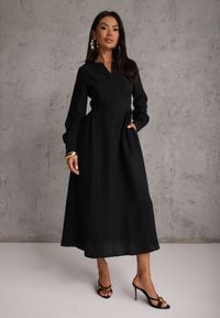 Renee - Czarna Wiskozowa Sukienka o Kroju Podkreślającym Sylwetkę z Wiązaniem Pedomea. Okazja: na co dzień. Kolor: czarny. Materiał: wiskoza. Styl: elegancki, casual #4