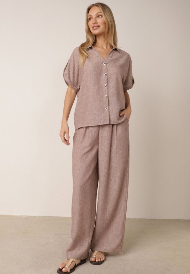 Born2be - Beżowy Letni Komplet Oversize z Bawełny i Lnu Szerokie Spodnie i Koszula Phellame. Kolor: beżowy. Materiał: len, bawełna