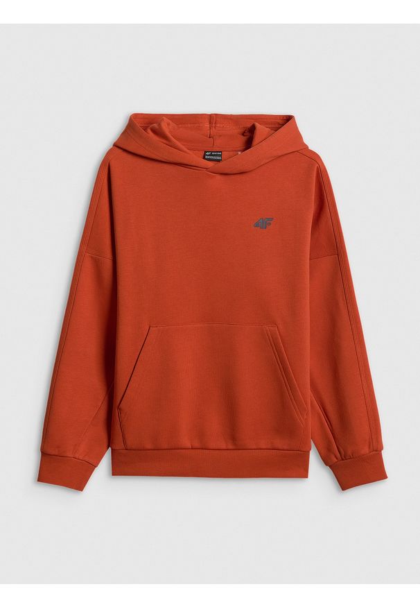 4f - 4F Bluza dresowa loose z kapturem chłopięca - pomarańczowa 146/152 (10-12 lat). Okazja: na spacer, na co dzień, na uczelnię. Typ kołnierza: kaptur. Kolor: pomarańczowy. Materiał: dresówka. Długość: długie. Sezon: lato. Styl: casual