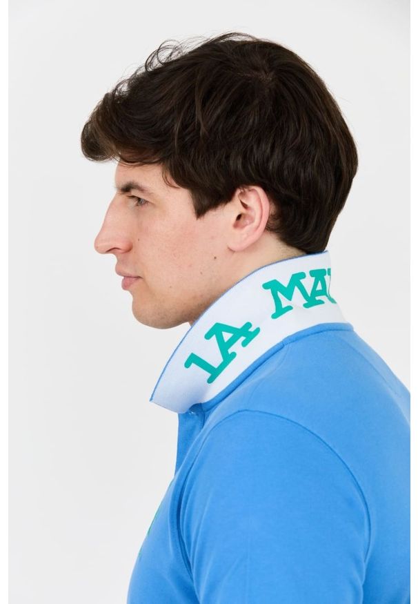 La Martina - LA MARTINA Niebieskie męskie polo z dużym logo, Rozmiar XXL. Typ kołnierza: polo. Kolor: niebieski