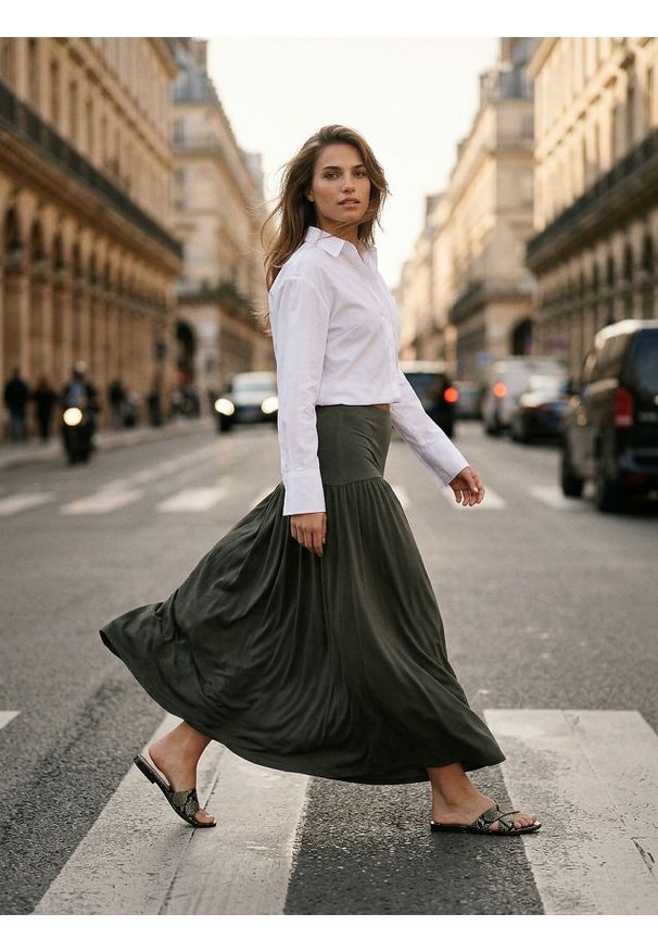 Sinsay - Spódnica maxi z ozdobnymi falbanami - zielony. Kolor: zielony