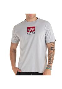 Koszulka Alpha Industries Satin Logo 148513666 - szara. Kolor: szary. Materiał: bawełna. Długość rękawa: krótki rękaw. Długość: krótkie. Wzór: aplikacja #1