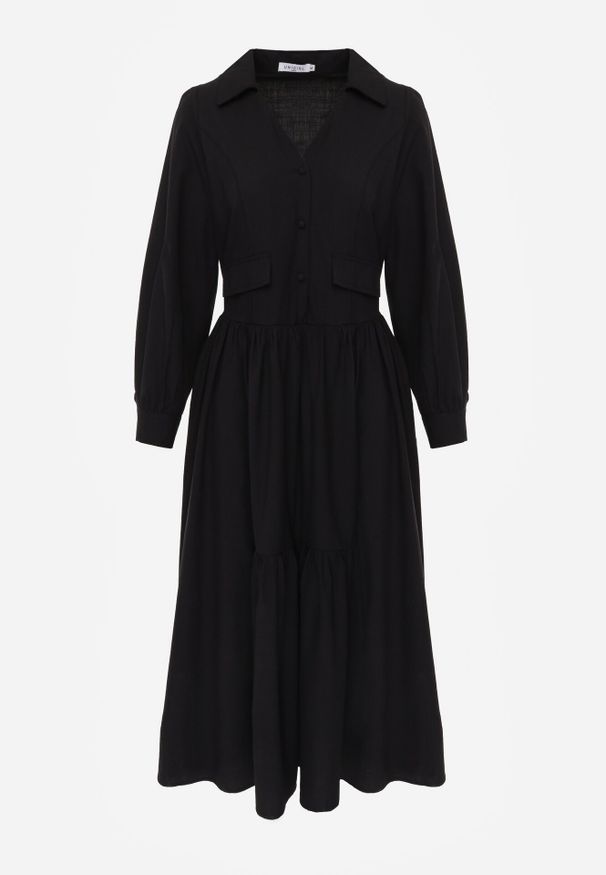 Born2be - Czarna Bawełniano-Wiskozowa Sukienka Koszulowa z Imitacją Kieszeni Biriala. Okazja: na co dzień. Kolor: czarny. Materiał: wiskoza, bawełna. Typ sukienki: koszulowe. Styl: casual, klasyczny, elegancki