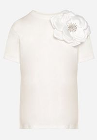 Born2be - Biały Bawełniany T-shirt z Krótkim Rękawem i Aplikacją w Kształcie Kwiatu z Cyrkoniami Dimantee. Okazja: na co dzień. Kolor: biały. Materiał: bawełna. Długość rękawa: krótki rękaw. Długość: krótkie. Wzór: aplikacja, kwiaty. Styl: klasyczny, casual #7