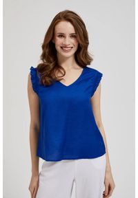 MOODO - Koszula z falbanką na ramionach niebieska. Kolor: niebieski. Materiał: lyocell #1