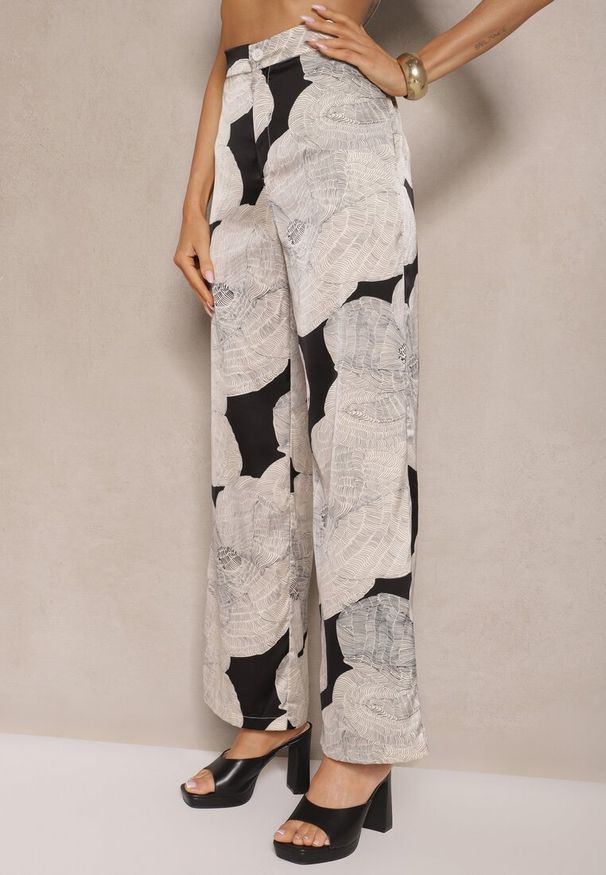 Renee - Beżowe Spodnie z Wiskozą High Waist Ozdobione Geometrycznym Wzorem Katiliana. Okazja: na co dzień. Stan: podwyższony. Kolor: beżowy. Materiał: wiskoza. Wzór: aplikacja, geometria. Styl: elegancki, casual