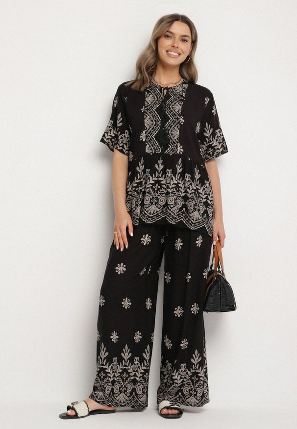 Born2be - Czarny Wiskozowy Komplet Bluzka z Wiązaniem i Spodnie Lunavelia. Kolor: czarny. Materiał: wiskoza