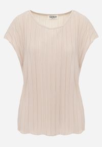 Born2be - Beżowa Bluzka na Krótki Rękaw z Plisowanej Tkaniny Undirea. Okazja: do pracy, na co dzień. Kolor: beżowy. Materiał: tkanina. Długość rękawa: krótki rękaw. Długość: krótkie. Styl: elegancki, klasyczny, casual #3