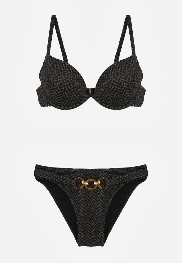Born2be - Czarne Bikini Dwuczęściowe w Geometryczny Wzór z Ozdobą na Majtkach Corraenia. Kolekcja: plus size. Kolor: czarny. Długość: długie. Wzór: aplikacja, geometria