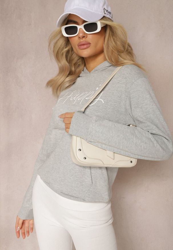 Renee - Szara Bluza z Ozdobnym Napisem i Kapturem Arseia. Okazja: na co dzień. Typ kołnierza: kaptur. Kolor: szary. Materiał: jeans. Wzór: napisy. Styl: casual