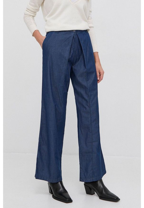 Stefanel Spodnie damskie kolor granatowy szerokie high waist. Stan: podwyższony. Kolor: niebieski