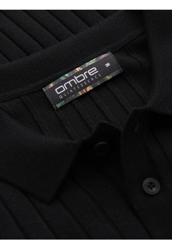 Ombre Clothing - Męska koszulka polo z wiskozą SLIM FIT w pionowy prążek – czarna V1 OM-POSS-0143 - XXL. Typ kołnierza: polo. Kolor: czarny. Materiał: wiskoza. Wzór: prążki. Styl: klasyczny, elegancki