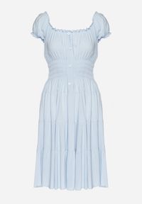 Born2be - Jasnoniebieska Bawełniana Rozkloszowana Sukienka z Guzikami i Bufiastymi Rękawami Annivi. Okazja: na co dzień. Kolor: niebieski. Materiał: bawełna. Styl: klasyczny, casual, elegancki #5