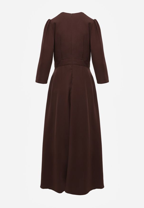 Born2be - Brązowa Kopertowa Sukienka Wieczorowa z Metaliczną Aplikacją w Talii Henalana. Okazja: na imprezę. Typ kołnierza: dekolt w serek. Kolor: brązowy. Wzór: aplikacja. Typ sukienki: kopertowe. Styl: wizytowy