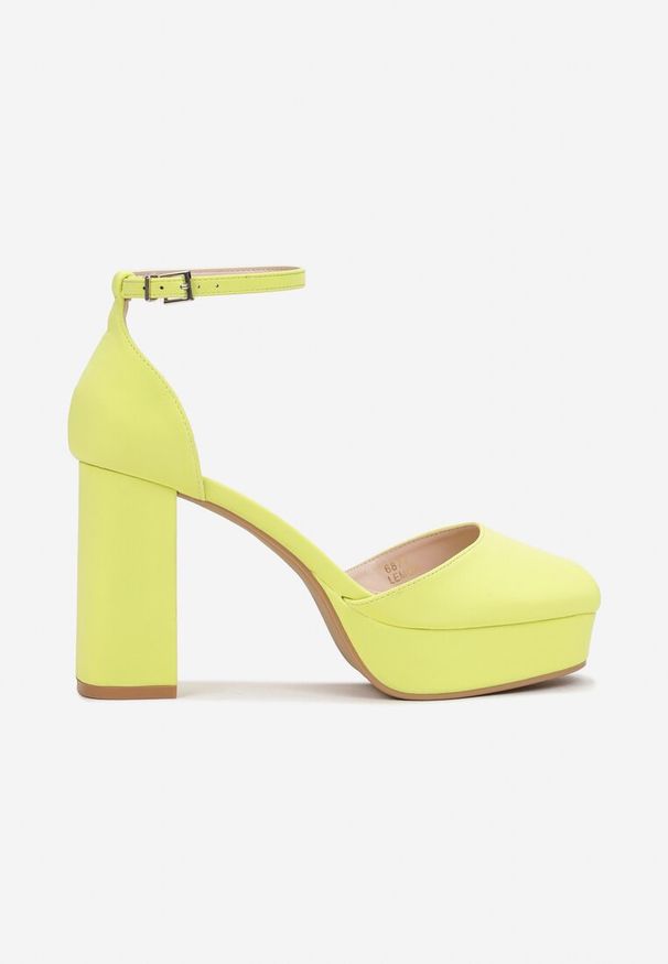 Born2be - Żółte Sandały na Słupku i Platformie z Noskiem Peep Toe Jelesia. Nosek buta: otwarty. Zapięcie: pasek. Kolor: żółty. Obcas: na platformie