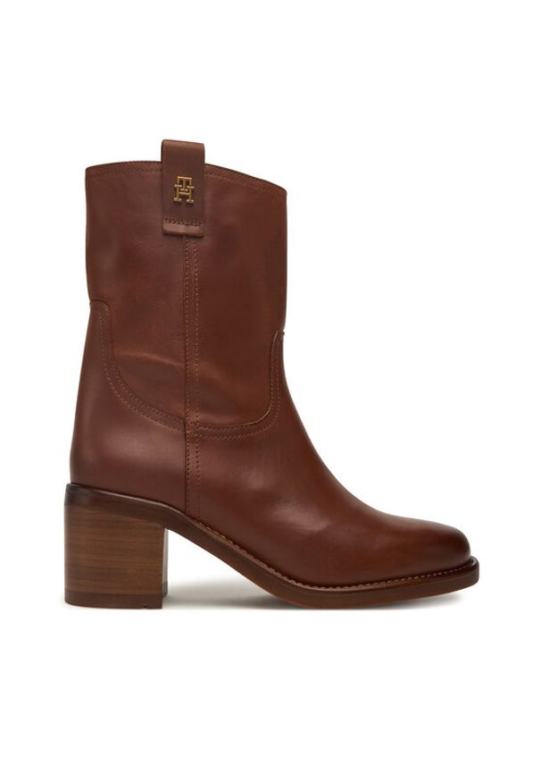 TOMMY HILFIGER - Tommy Hilfiger Botki Riding Lthr Mid Boot Block Heel FW0FW08776 Brązowy. Kolor: brązowy. Materiał: skóra