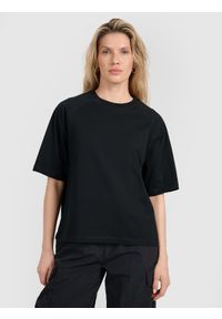 4f - 4F T-shirt oversize gładki damski - czarny L. Okazja: na co dzień. Kolor: czarny. Materiał: jersey, bawełna. Długość rękawa: krótki rękaw. Długość: krótkie. Wzór: gładki. Styl: casual, klasyczny, sportowy #1
