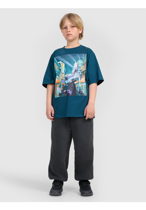4f - 4F T-shirt oversize z nadrukiem chłopięcy - turkusowy 152 (11-12 lat). Okazja: na co dzień. Kolor: turkusowy. Materiał: jersey, materiał, bawełna. Wzór: nadruk. Sezon: lato. Styl: klasyczny, sportowy, casual