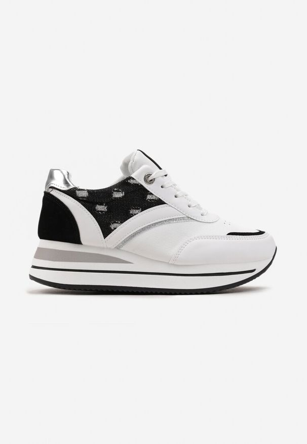 Renee - Biało-Czarne Sznurowane Sneakersy z Ekoskóry z Błyszczącymi Wstawkami Fiviara. Okazja: na co dzień. Zapięcie: pasek. Kolor: biały. Szerokość cholewki: normalna. Wzór: paski