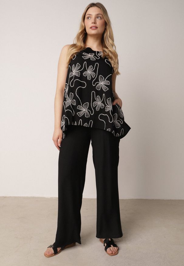 Born2be - Czarny Rustykalny Komplet z Wiskozy i Lnu Spodnie i Bluzka z Haftem Acalerodia. Kolor: czarny. Materiał: wiskoza, len. Wzór: haft