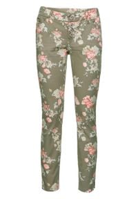Spodnie ze stretchem SKINNY bonprix oliwkowy w kwiaty. Kolor: zielony. Materiał: materiał, bawełna, elastan. Wzór: kwiaty #1