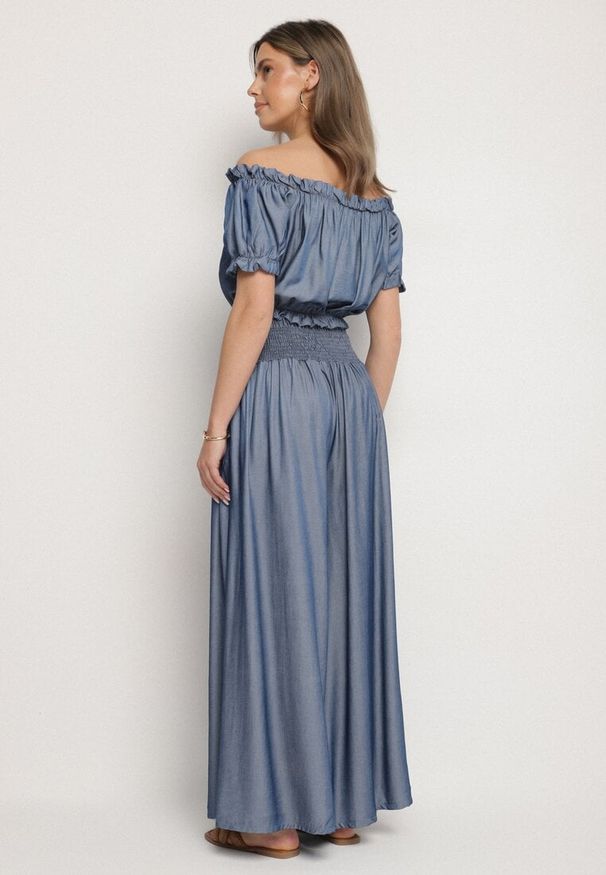 Born2be - Niebieski Komplet z Wiskozy Bluzka Hiszpanka i Szerokie Spodnie Efrale. Kolor: niebieski. Materiał: wiskoza