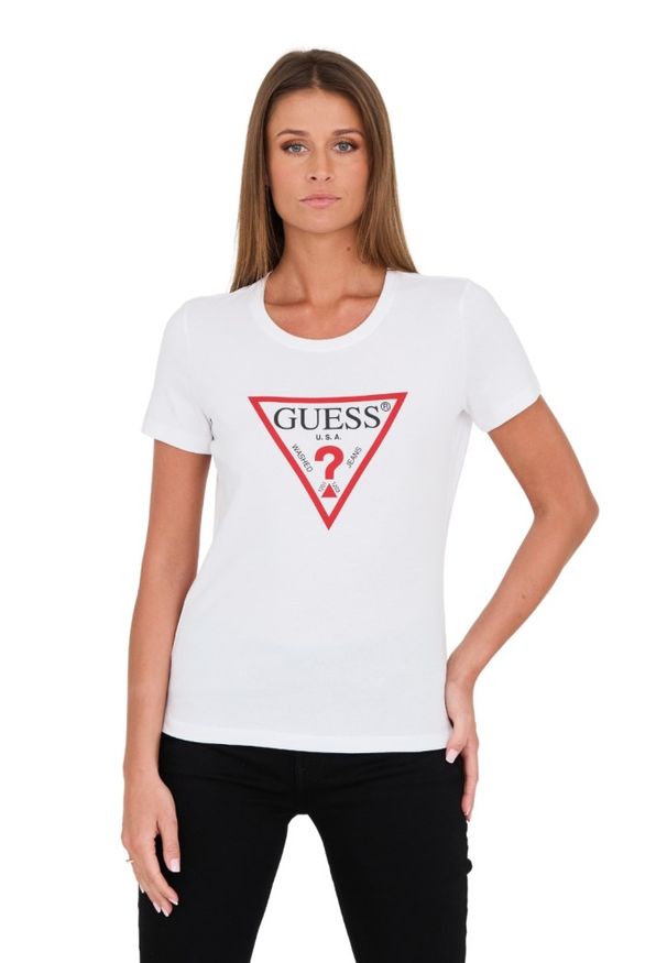 Guess - GUESS Biały damski t-shirt bawełniany Original Tee, Rozmiar L. Kolor: biały. Materiał: bawełna