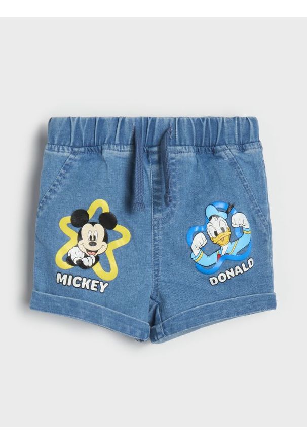 Sinsay - Szorty jeansowe Mickey Mouse - niebieski. Kolor: niebieski. Materiał: jeans. Wzór: motyw z bajki