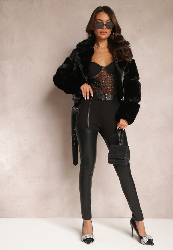 Renee - Czarne Spodnie Skinny z Imitacji Skóry i Paskiem Bisrattema. Kolor: czarny. Materiał: skóra