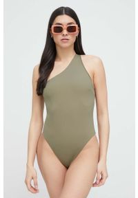 Calvin Klein jednoczęściowy strój kąpielowy kolor zielony miękka miseczka. Kolor: zielony. Materiał: włókno, dzianina, materiał. Wzór: gładki #4