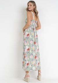 Born2be - Jasnozielona Sukienka Maxi na Szerokich Ramiączkach z Ozdobnymi Guzikami w Kwiaty Delphyne. Kolor: zielony. Materiał: tkanina. Długość rękawa: na ramiączkach. Wzór: kwiaty. Długość: maxi #5
