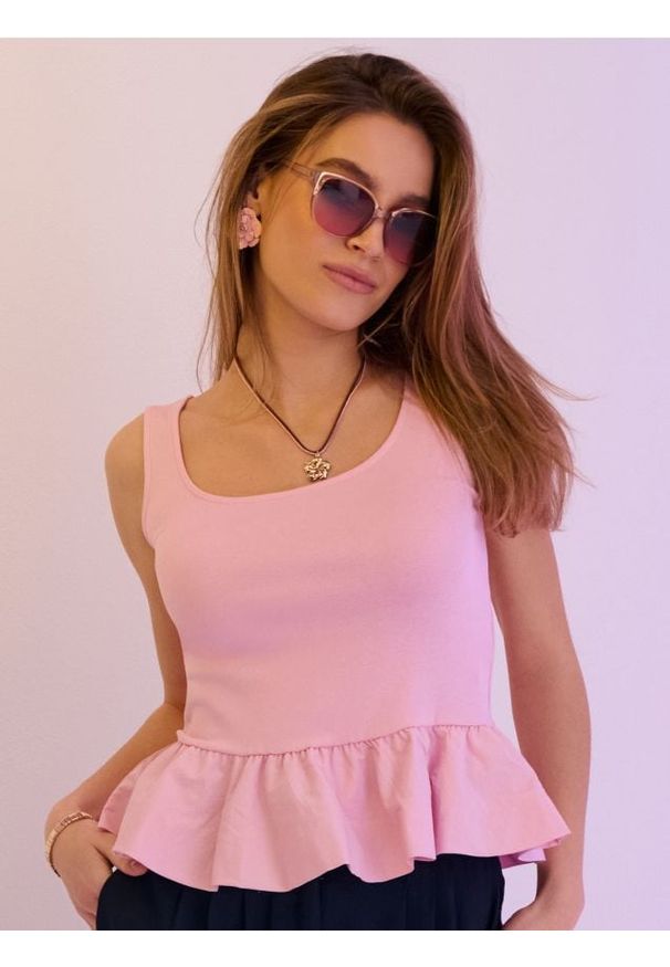 Sinsay - Bawełniany top z ozdobnymi falbanami - różowy. Kolor: różowy. Materiał: bawełna