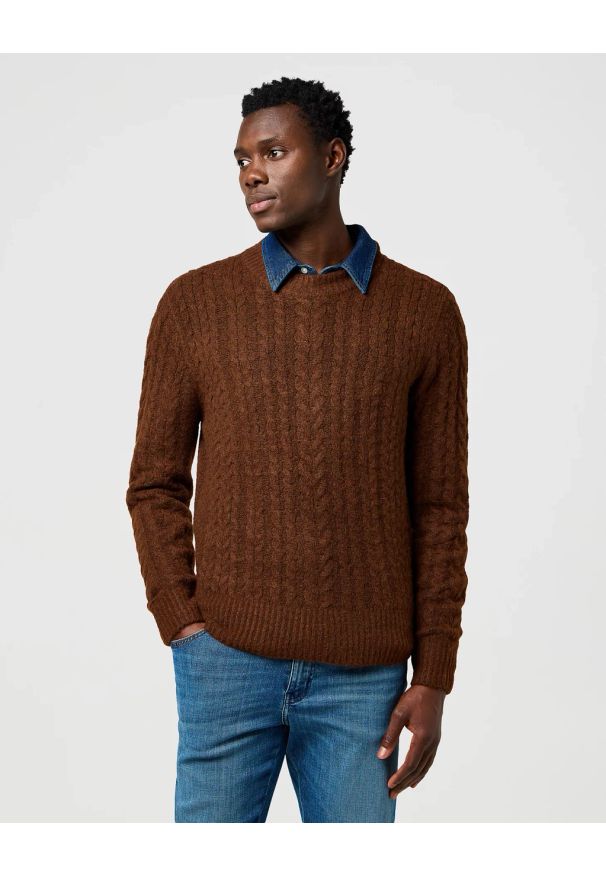 Wrangler - MESKI SWETER WRANGLER CABLE KNIT SWEATER MAHOGANY HEATHER 112371665