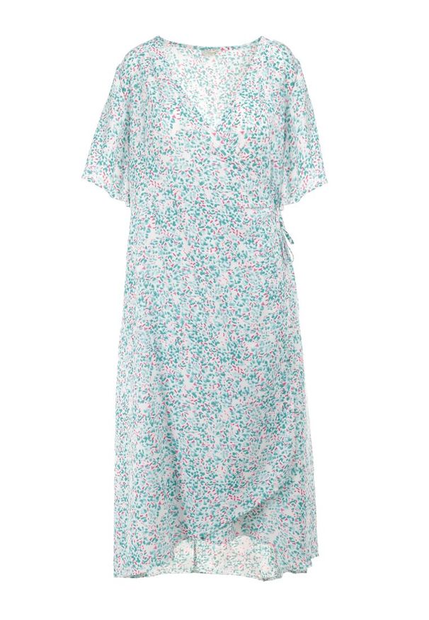 Born2be - Biało-Zielona Sukienka Kharare. Kolekcja: plus size. Kolor: biały. Wzór: kolorowy. Typ sukienki: dla puszystych, kopertowe. Długość: midi