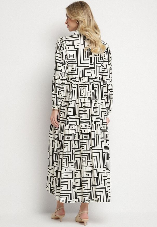 Born2be - Czarna Rozkloszowana Sukienka Koszulowa z Wiskozą w Geometryczny Wzór Alineria. Okazja: na co dzień. Kolor: czarny. Materiał: wiskoza. Wzór: geometria. Typ sukienki: koszulowe. Styl: elegancki, casual, klasyczny