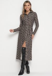 Born2be - Brązowa Sukienka Koszulowa w Mozaikowy Wzór z Wiązanym Paskiem Sailise. Okazja: na co dzień. Kolor: brązowy. Materiał: skóra. Typ sukienki: koszulowe. Styl: casual, elegancki #2