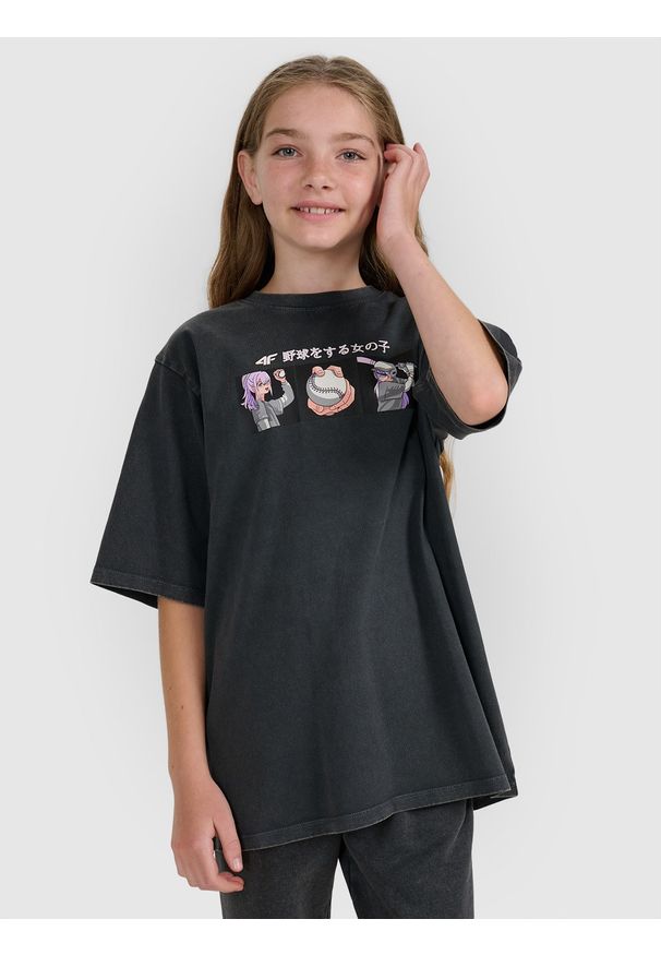 4f - 4F T-shirt oversize z nadrukiem dziewczęcy - szary 152 (11-12 lat). Kolor: szary. Materiał: skóra. Wzór: nadruk. Sezon: lato