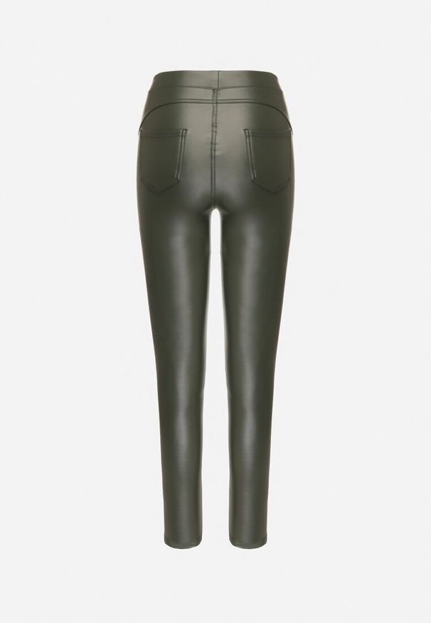 Born2be - Ciemnozielone Legginsy z Ekoskóry z Wysokim Stanem i Imitacją Kieszeni Merievia. Stan: podwyższony. Kolor: zielony. Sezon: zima